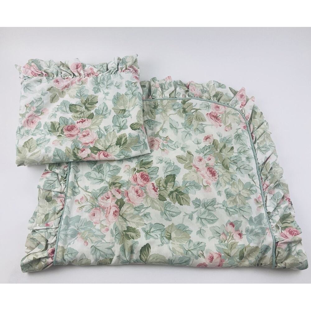 Vntge Laura Ashley KING Cottage Rose Set 2 Ruffled Pillow Shams Green Pink Cases
